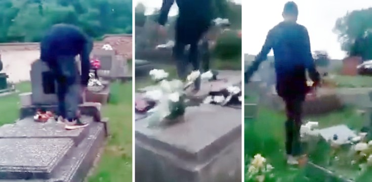 mladík ničí hroby na cintoríne